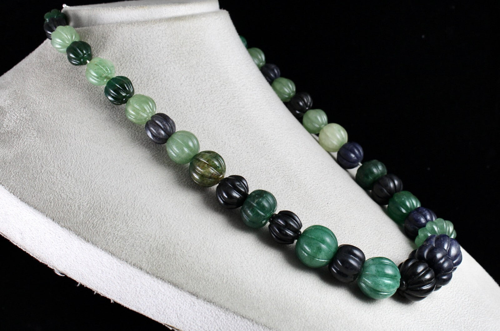 Natural Multi Jade Melon Beads Necklace 960 Ct Blue Green Sterling Silver