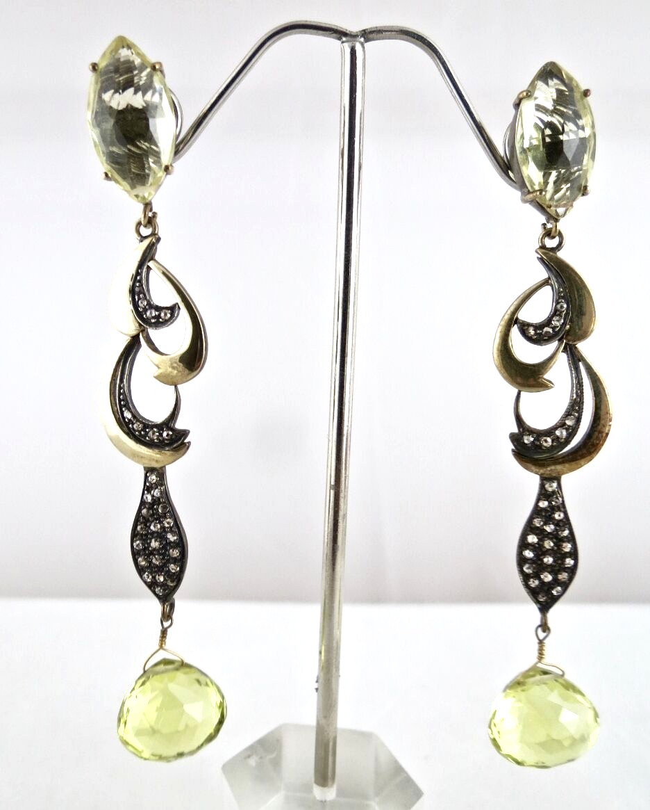 NATURAL LEMON QUARTZ TEAR DROPS DIAMOND 18K GOLD 925 SILVER VICTORIAN EARRING