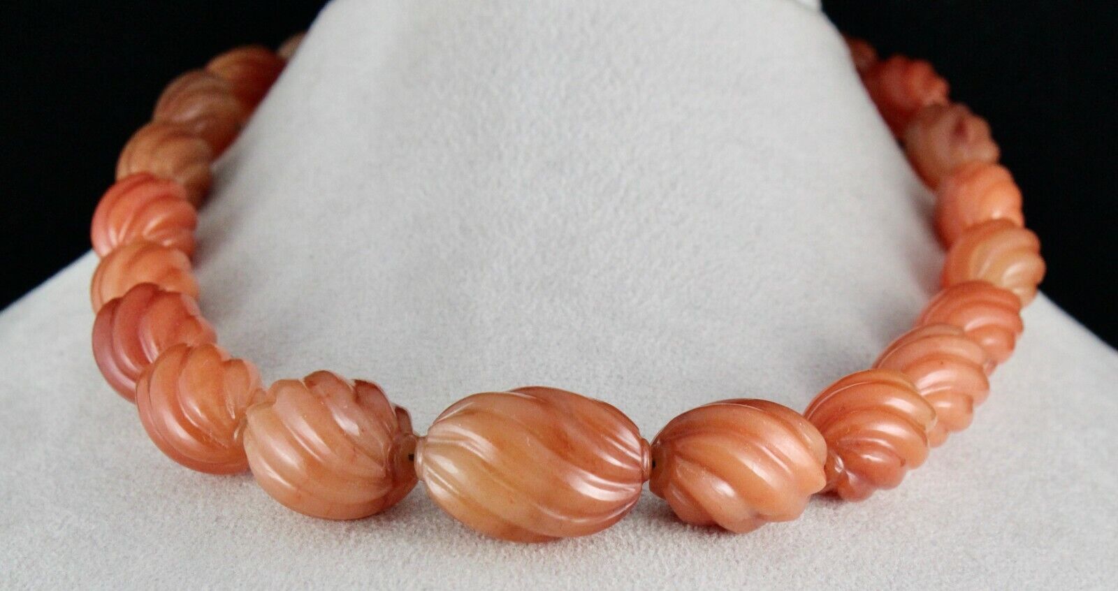 NATURAL ORANGE QUARTZ MELON CARVED BEADS 1 L 856 CARATS GEMSTONE SILVER NECKLACE