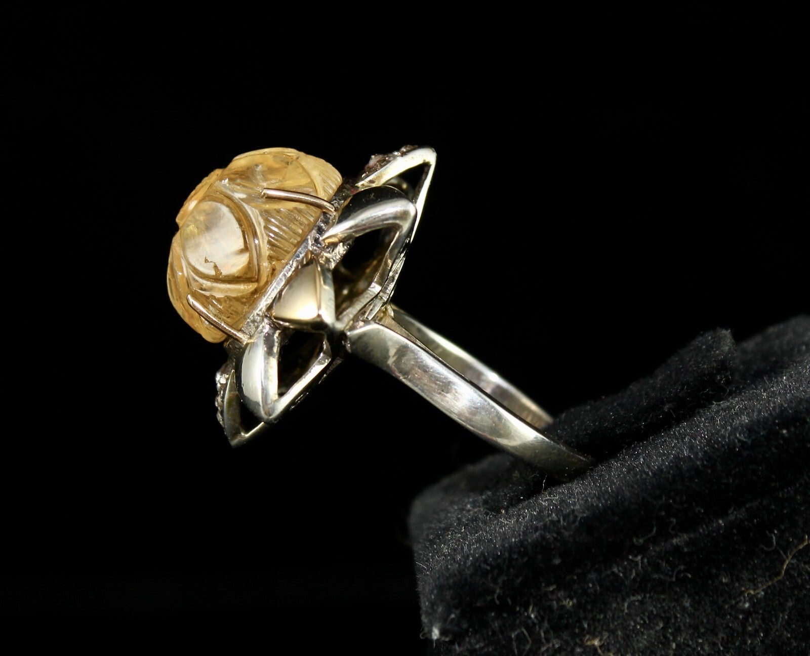 Antique Yellow Citrine 68ct Natural Diamond 18k Gold 925 Sterling Silver Ring