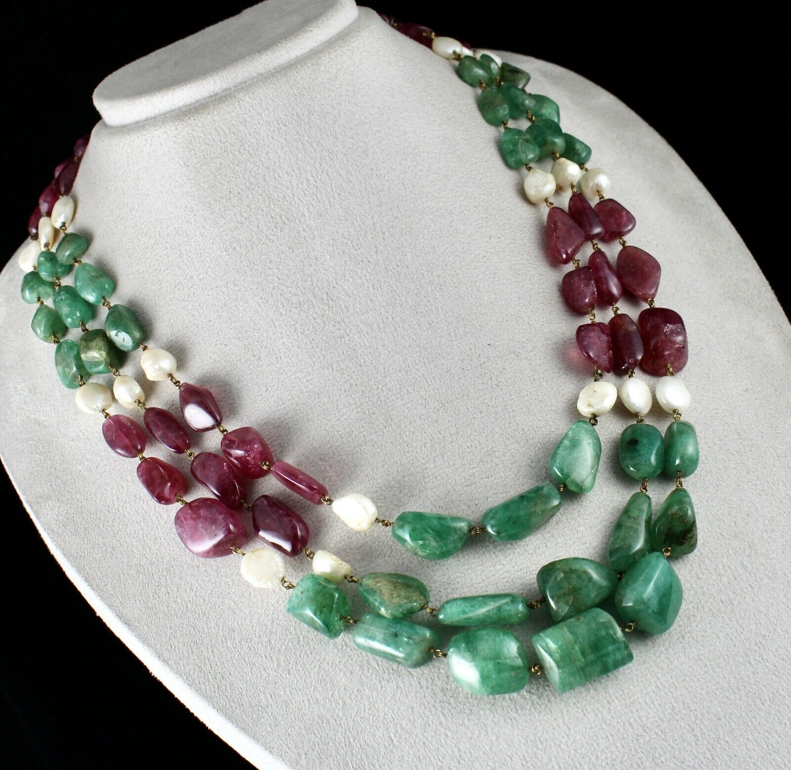 NATURAL EMERALD PINK TOURMALINE BEADS 940 CARATS PEARL 18K GOLD LADIES NECKLACE
