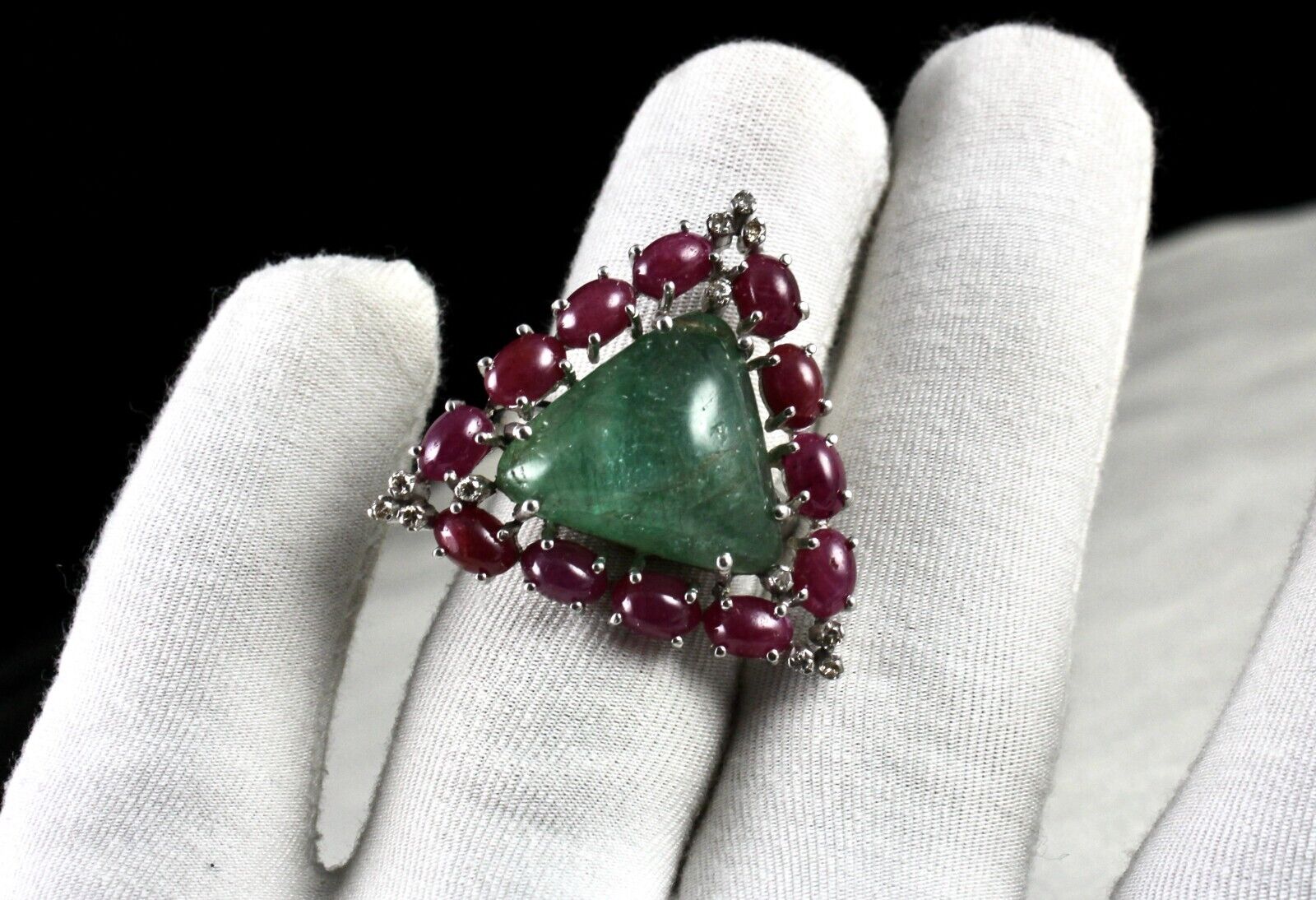 Antique Natural Emerald Ruby Cabochon Gemstone Diamond Silver Big Cocktail Ring