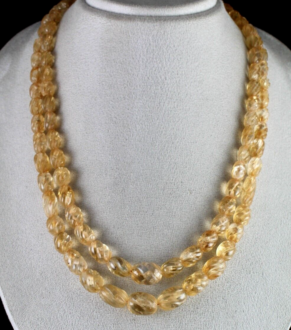 Vintage Natural Citrine Beads Carved Oval 587 Ct Yellow Gemstone Necklace
