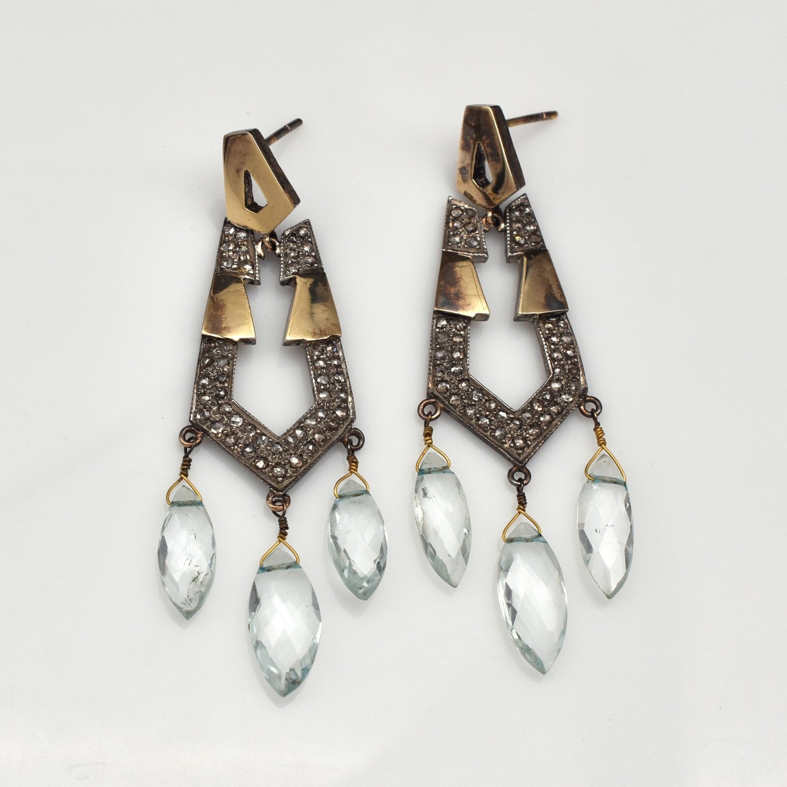 Vintage Natural Blue Aquamarine Diamond 57.5ct 18k Gold Sterling Silver Earrings