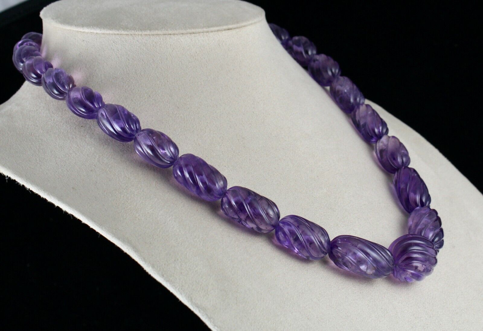 Natural Amethyst Beads Carved Oval Melon 737 Ct Gemstone Silver Vintage Necklace