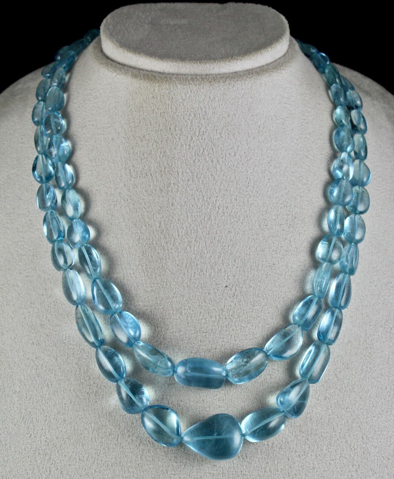 TOP NATURAL BLUE AQUAMARINE BEADS CABOCHON 2 LINE 628 CARATS GEMSTONE NECKLACE