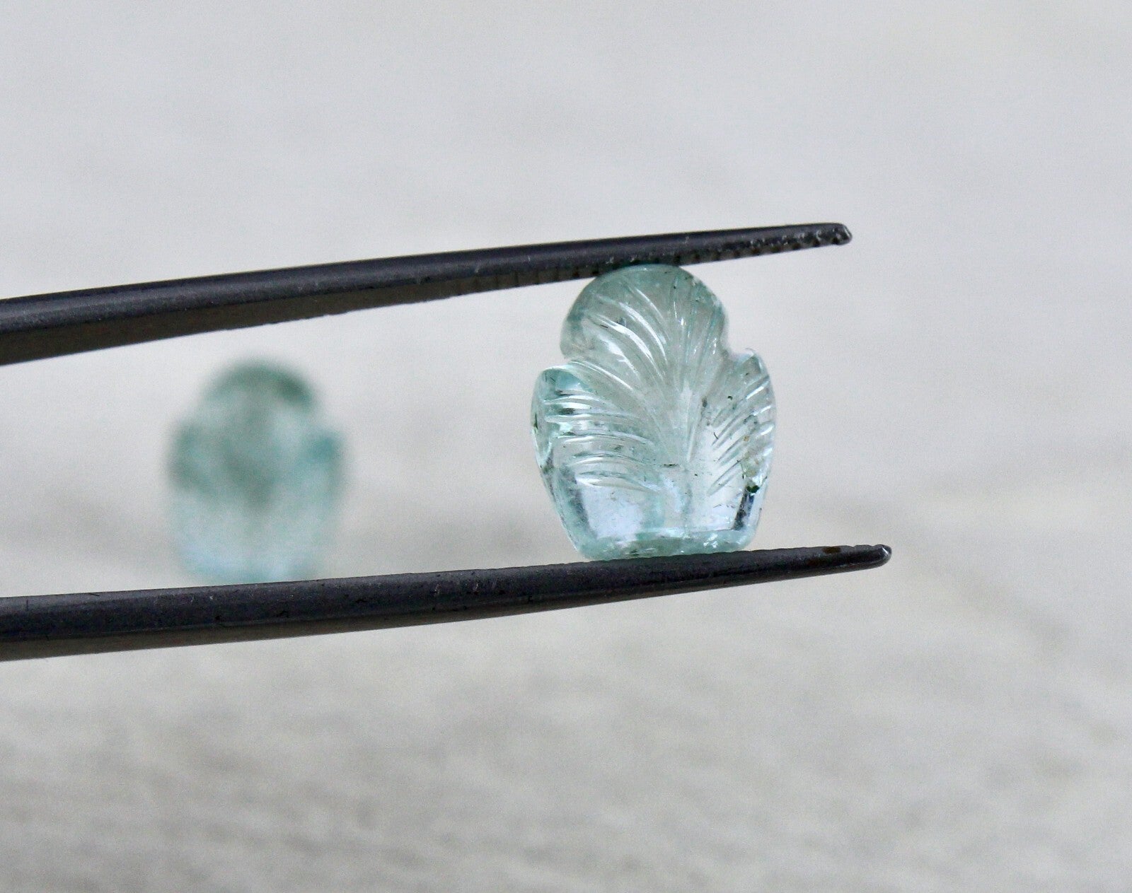 Natural Blue Aquamarine 13.88ct Carved Leaves Gemstone Earring Pair
