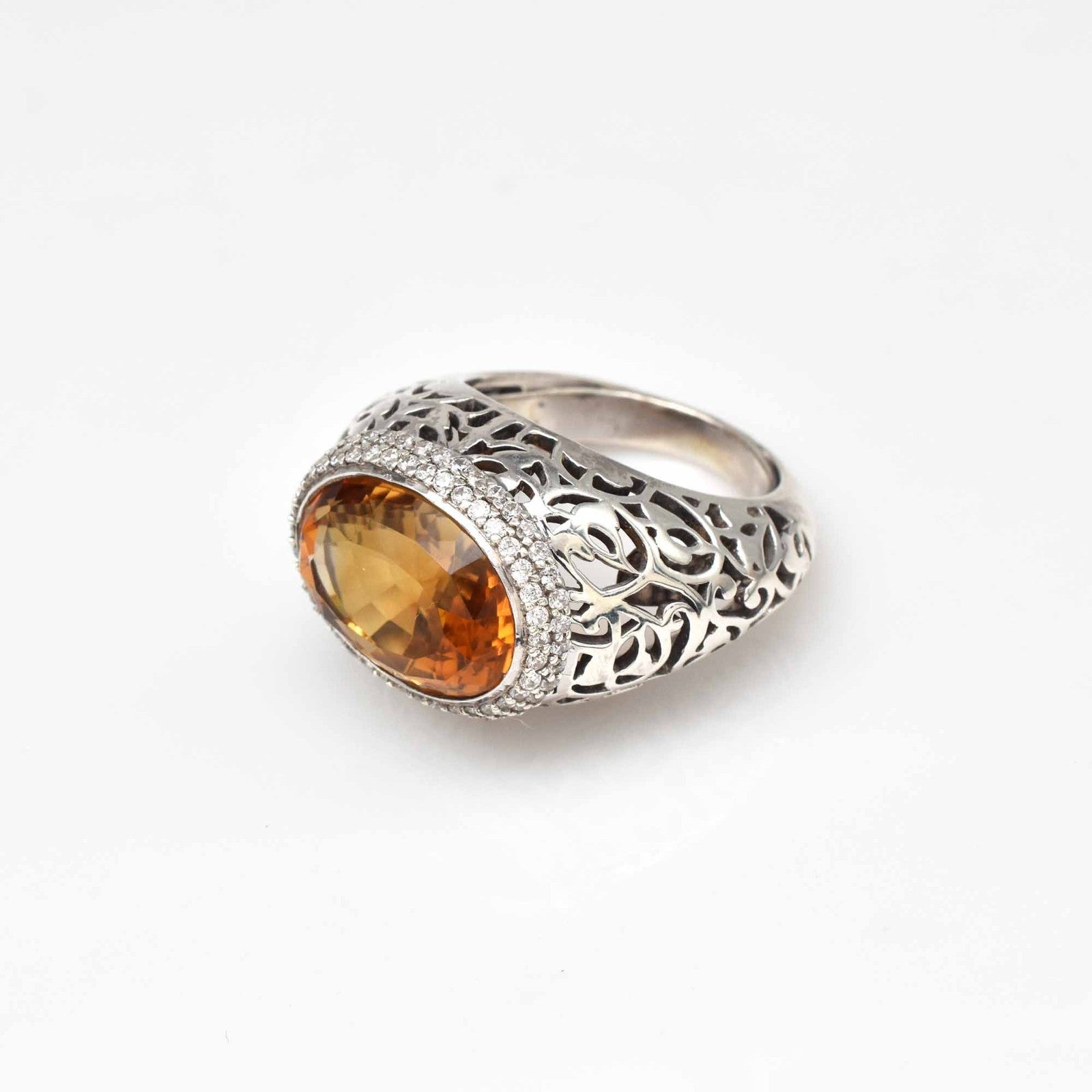 Natural Yellow Citrine Oval Cubic Zirconia Top Gemstone Silver Cocktail Ring