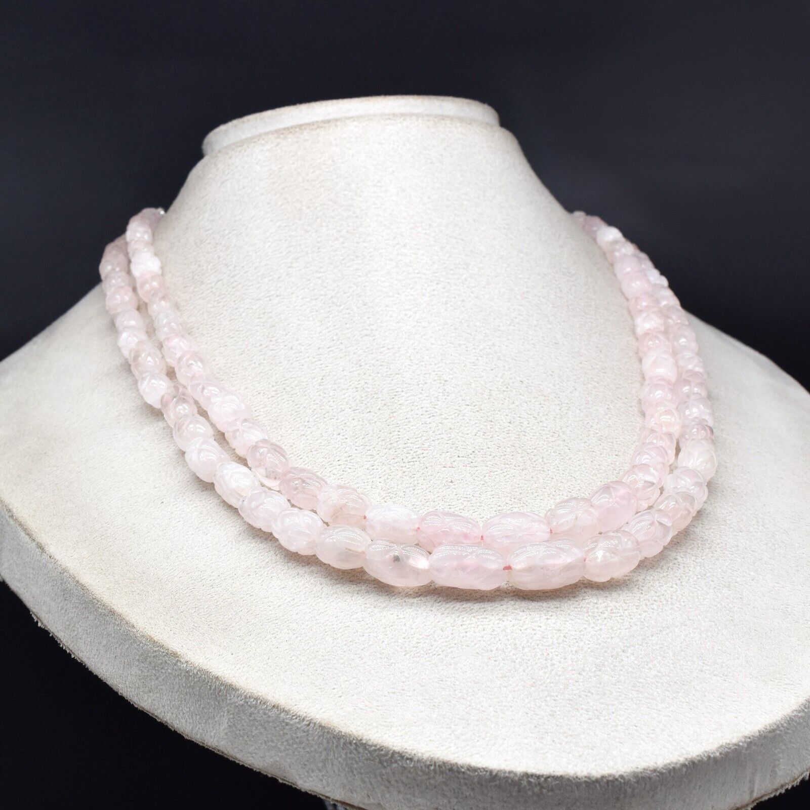 Vintage Rose Quartz Beaded Engraved Necklace 2 L 519 Ct Natural Gemstone