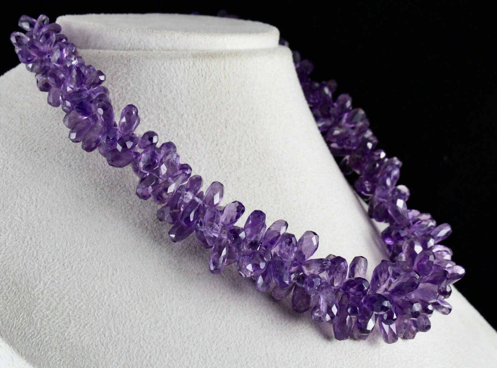 NATURAL AMETHYST TEAR DROPS BEADS 2 LINE 718 CARATS GEMSTONE SILVER NECKLACE