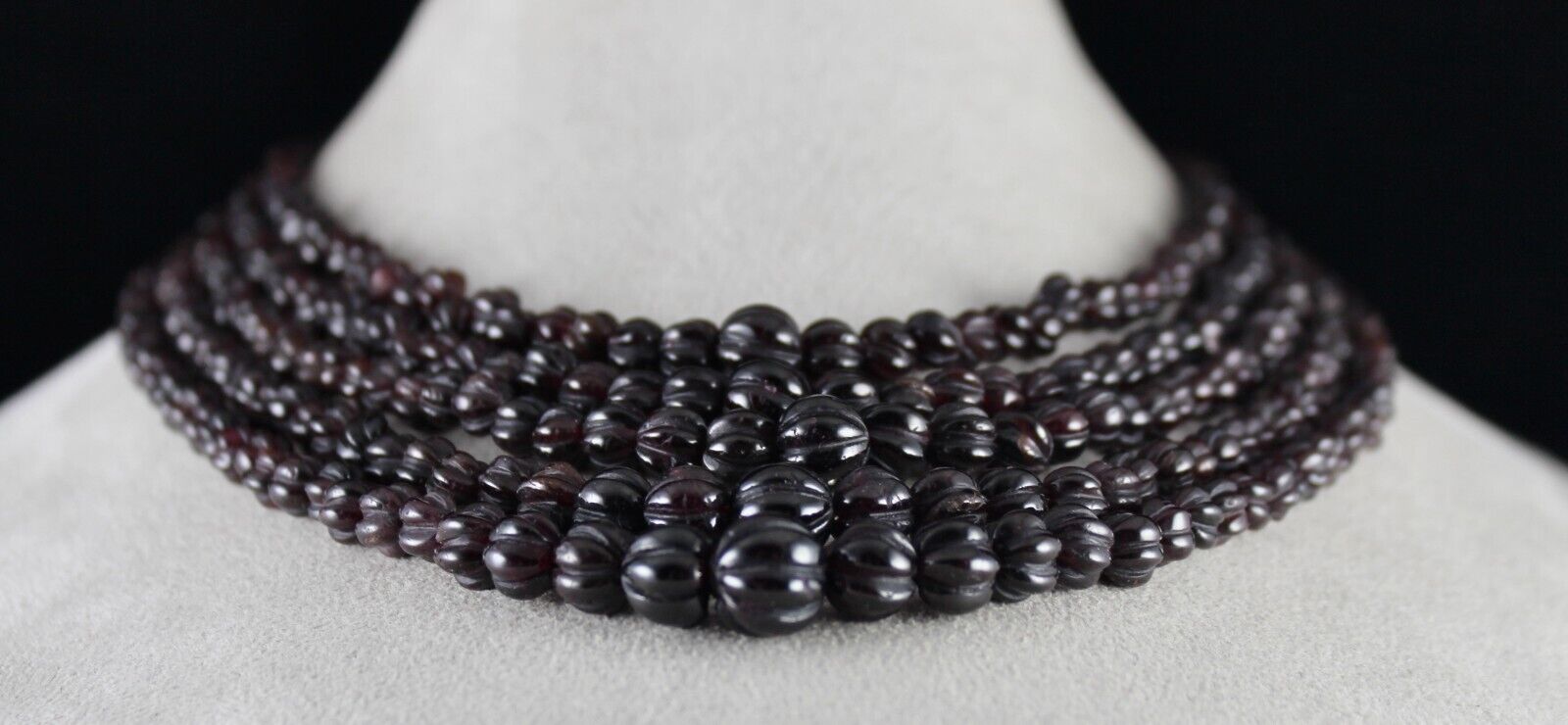 NATURAL GARNET BEADS CARVED MELON 5 LINE 988 CARATS GEMSTONE ANTIQUE NECKLACE