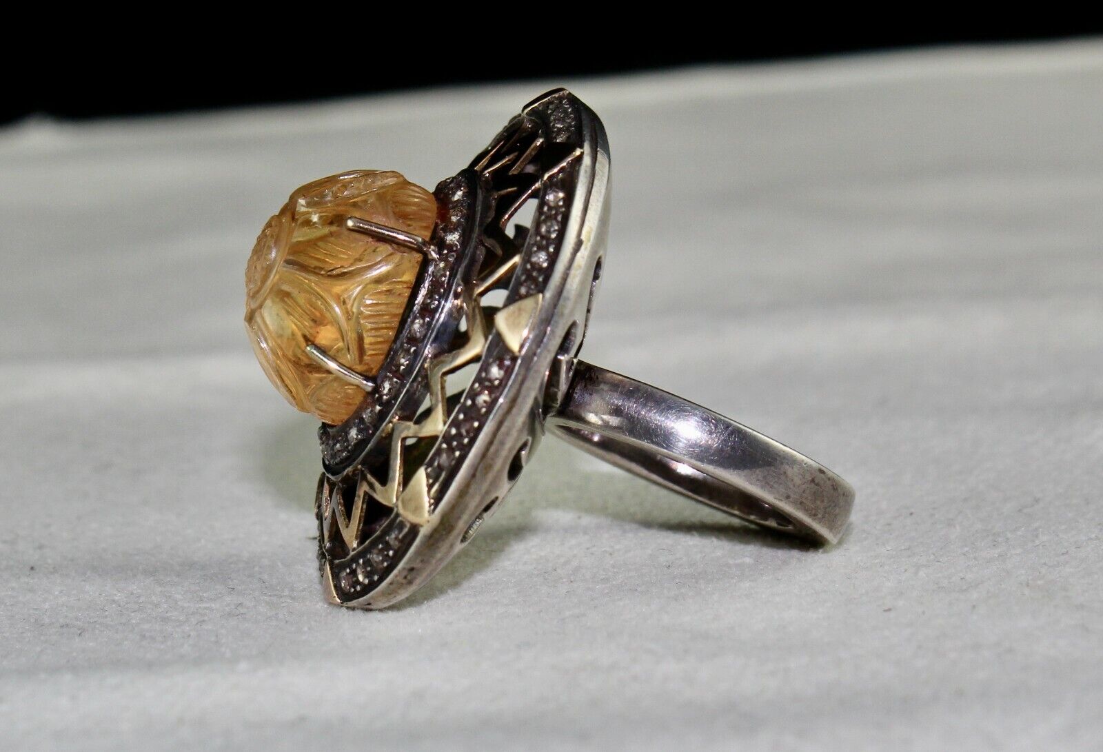 Antique Yellow Citrine Carved Diamond 18k Gold 925 Silver Ladies Victorian Ring
