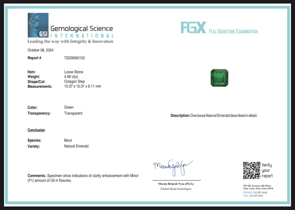 Certified Natural Emerald 4.99 Ct Octagon Cut Loose Gemstone for Ring Pendant