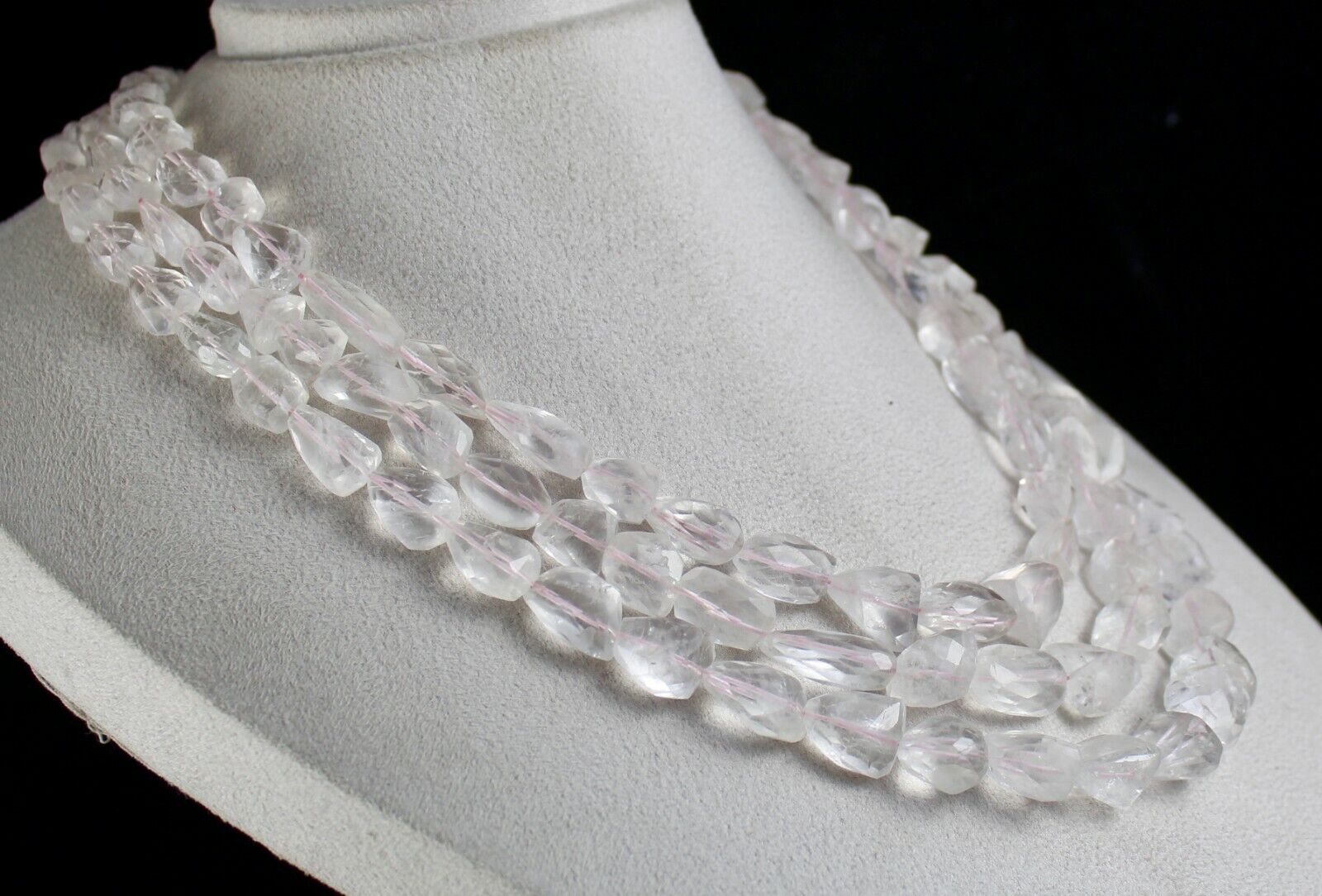 NATURAL PINK AQUAMARINE FACETED TUMBLE BEADS 3 LINE 1094 CARAT GEMSTONE NECKLACE