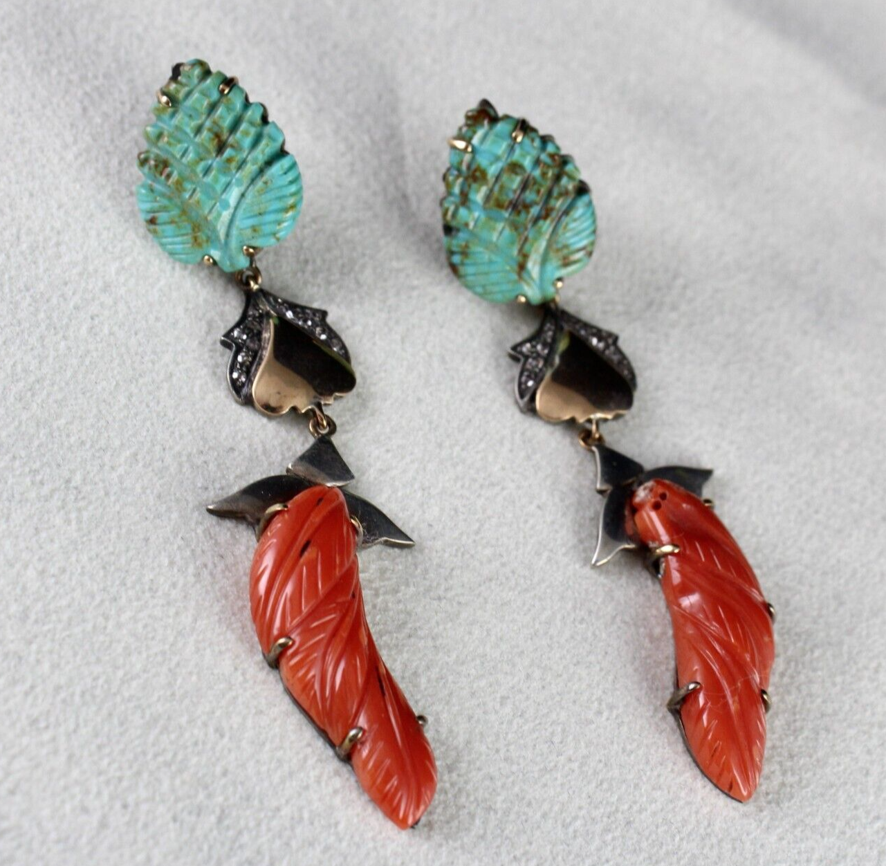 NATURAL TURQUOISE CORAL CARVED DIAMOND 18K GOLD 925 SILVER VICTORIAN EARRING