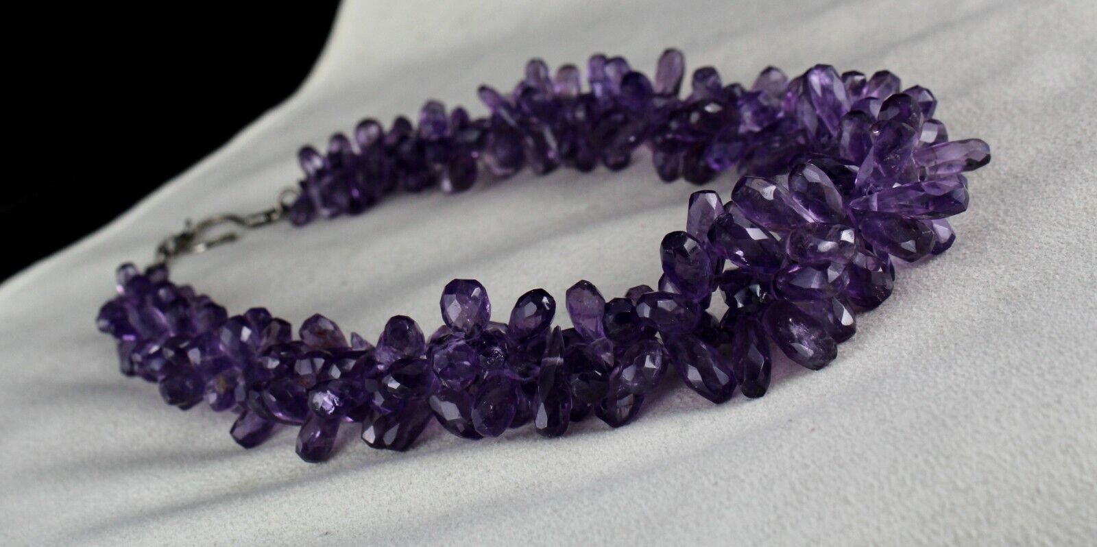 NATURAL AMETHYST TEAR DROPS BEADS 2 LINE 718 CARATS GEMSTONE SILVER NECKLACE