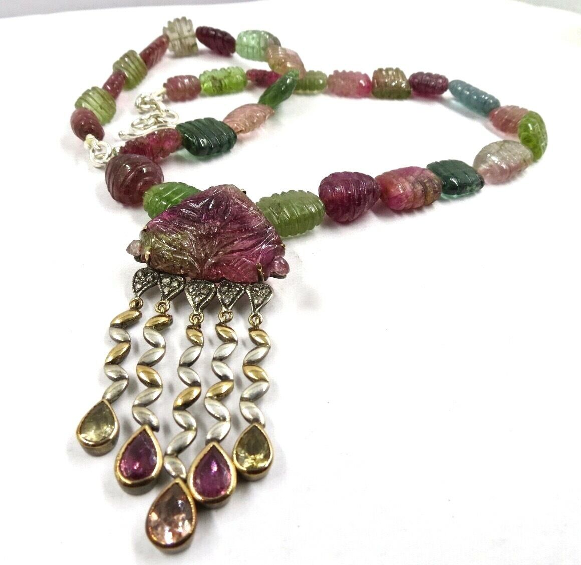 MULTI COLOUR TOURMALINE CARVED BEADS DIAMOND 18K GOLD SILVER PENDANT EARRING SET