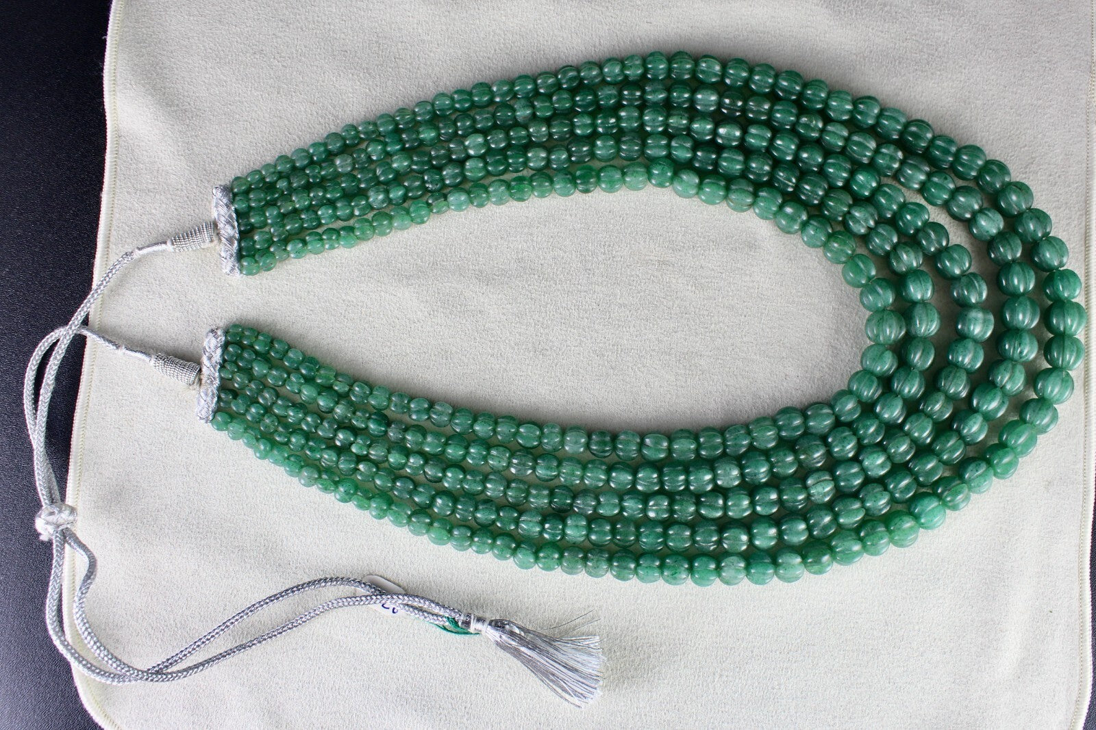 Natural Green Quartz Melon Beaded Necklace 1153 Ct 5 Line Old Carved Gemstone