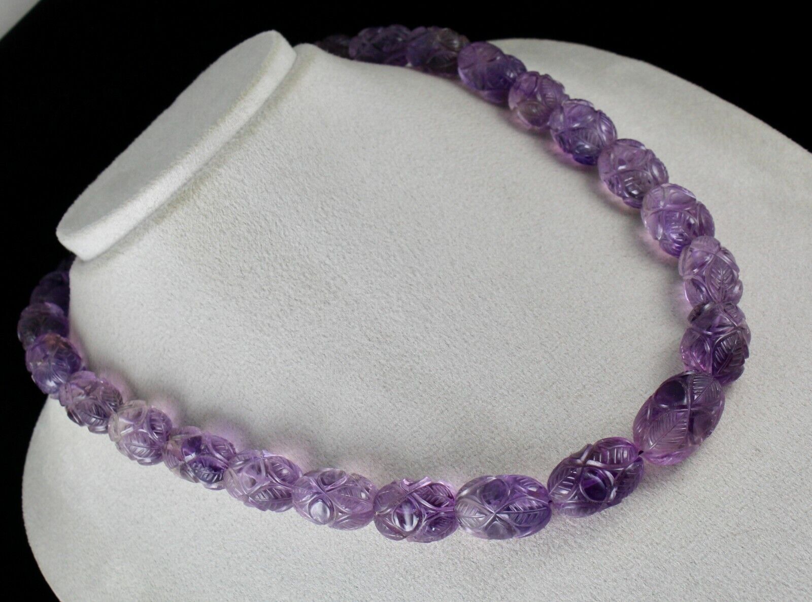 Natural Amethyst Engraved Beads 860 Ct Purple Gemstone Silver Vintage Necklace