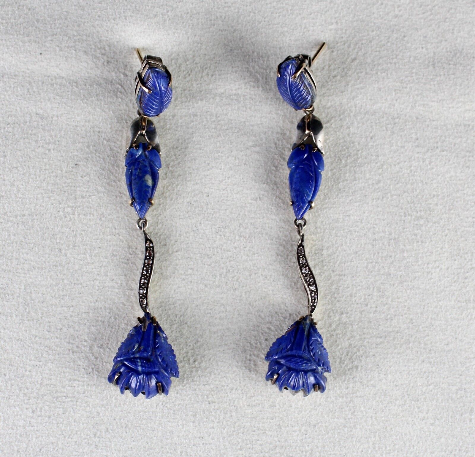 NATURAL LAPIS LAZULI CARVED LEAF DIAMOND 18K GOLD 925 SILVER VICTORIAN EARRING