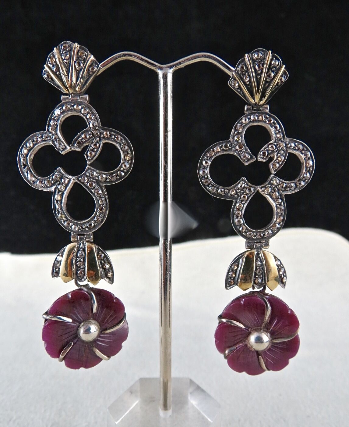 Vintage Natural Ruby Carved Diamond Gold Silver Victorian Pendant Earring Set