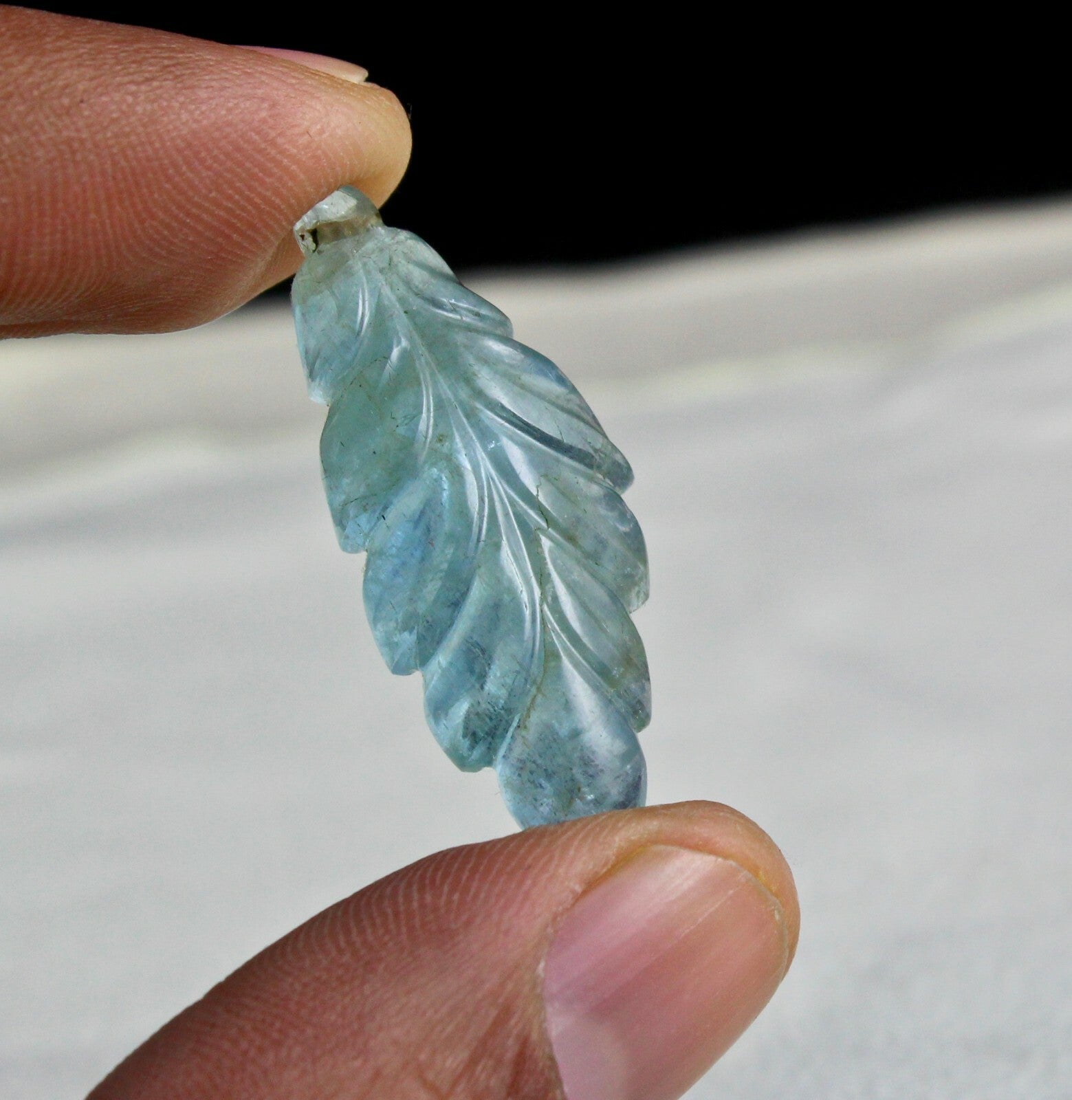 Natural Blue Aquamarine Carved Leaf Gemstone 21.84 Ct Drilled Loose For Pendant