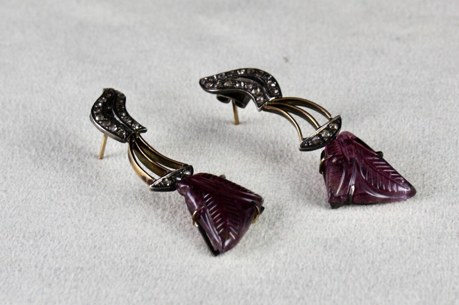 Natural Pink Tourmaline Carved Diamond 18K Gold Silver Victorian Antique Earring
