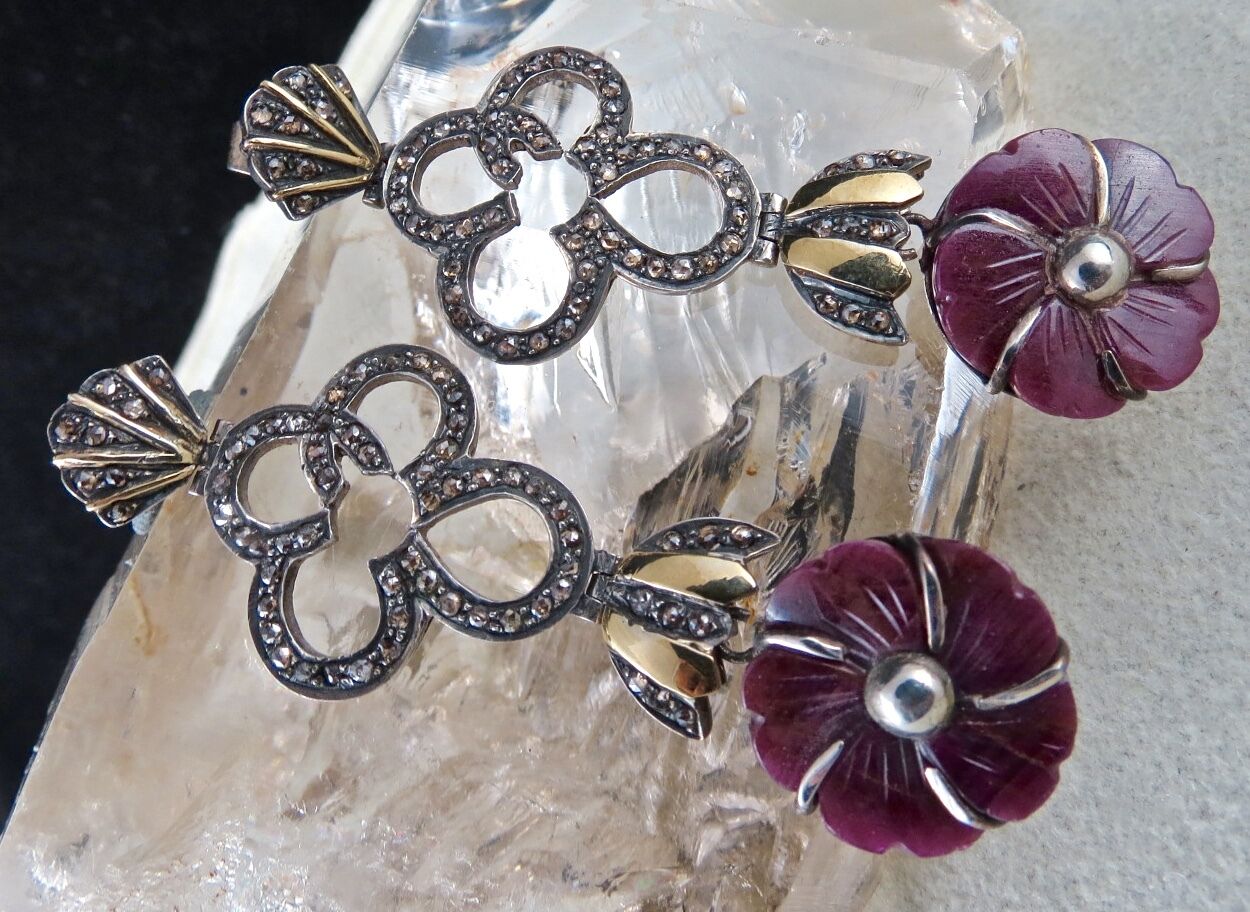 Vintage Natural Ruby Carved Diamond Gold Silver Victorian Pendant Earring Set