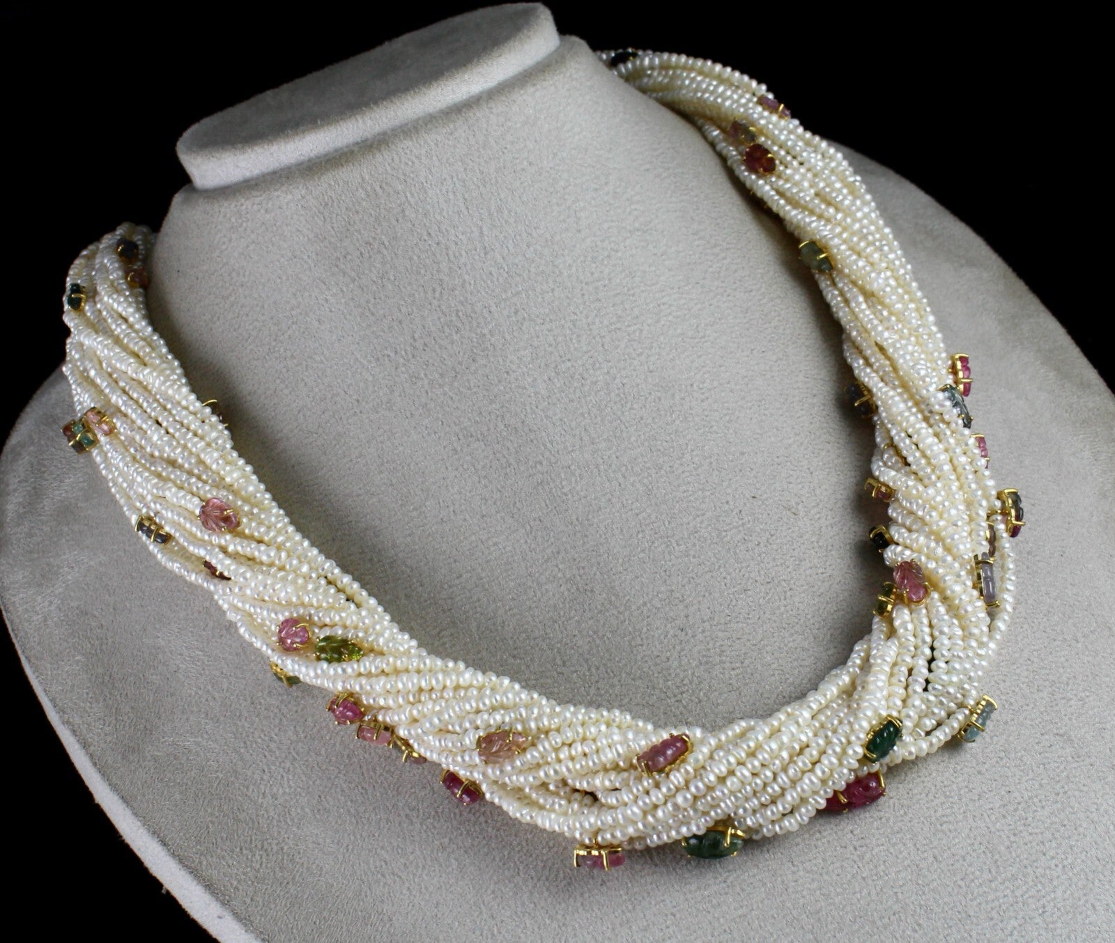 Certified Sterling Silver Designer Necklace Pearl Beads Tourmaline Leaf 972 Ct