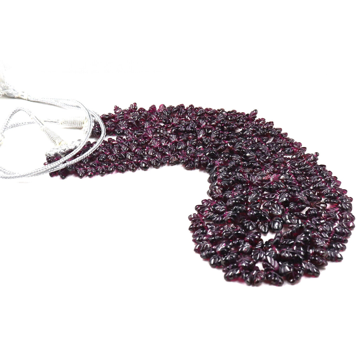 NATURAL RED GARNET BEADS CARVED LEAVES 3 LINE 820 CARATS GEMSTONE NECKLACE