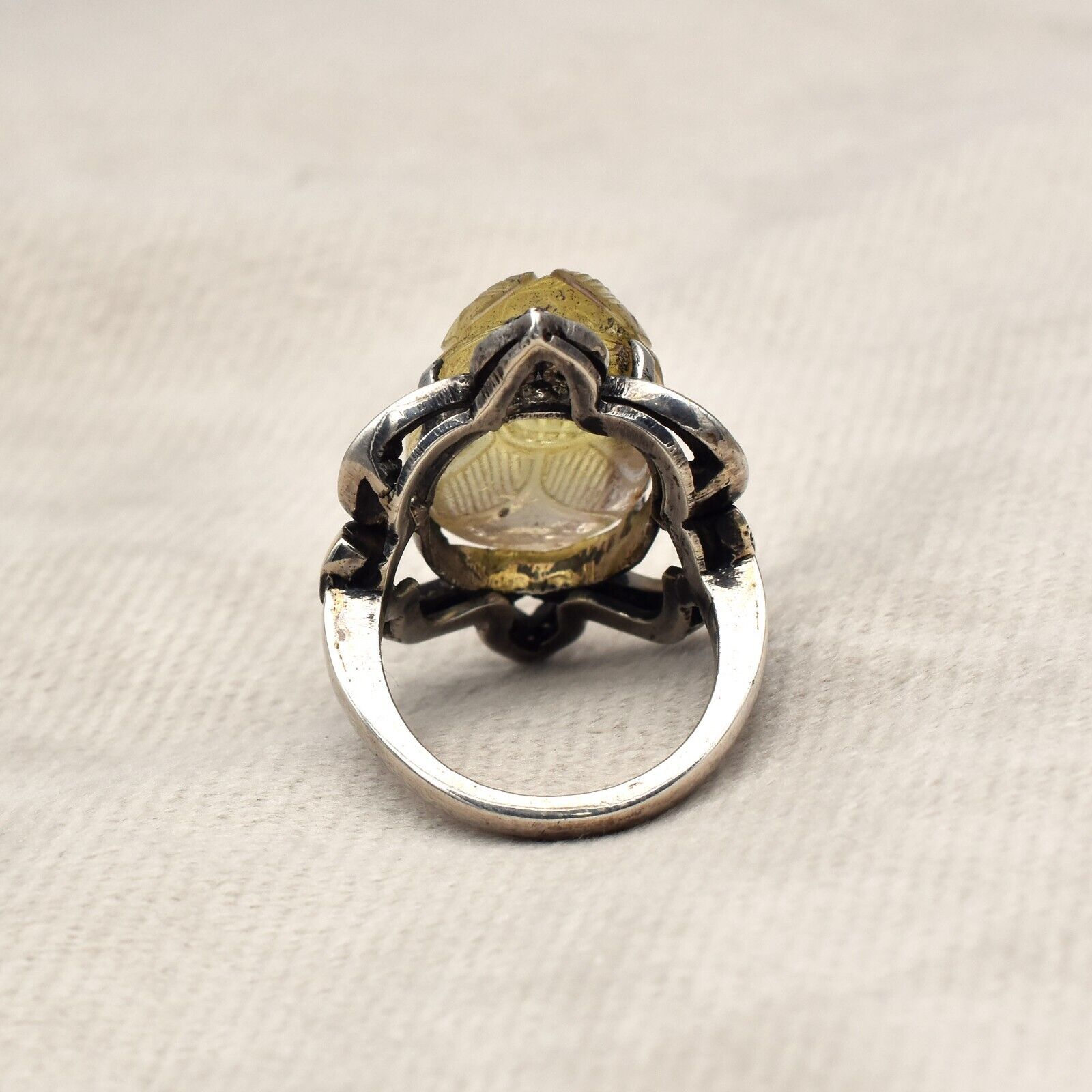 Antique Lemon Quartz Carved Diamond 18k Gold 925 Silver Ladies Victorian Ring