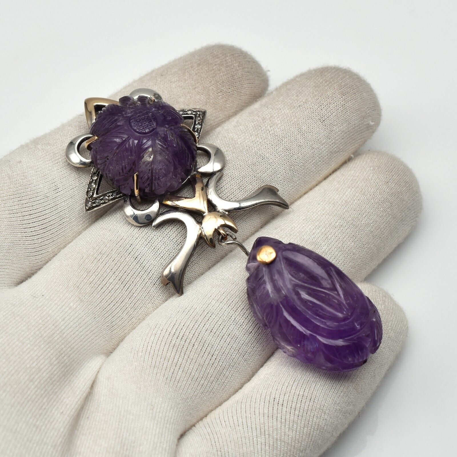Vintage Natural Amethyst Engraved Diamond 18K Gold 925 Silver Victorian Pendant