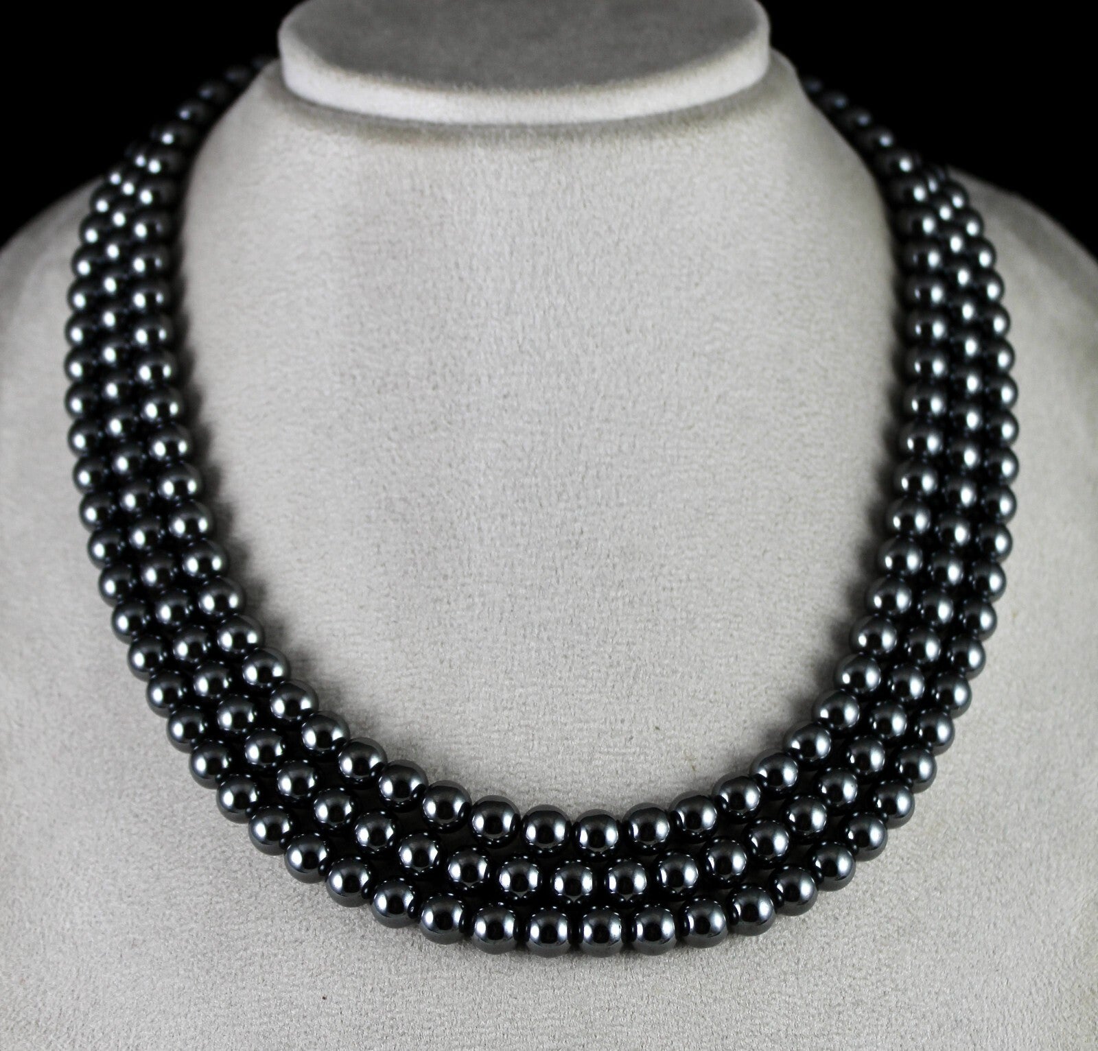 Natural Hematite Beads 3 Line 8mm 1160 Ct Round Black Gemstone Necklace