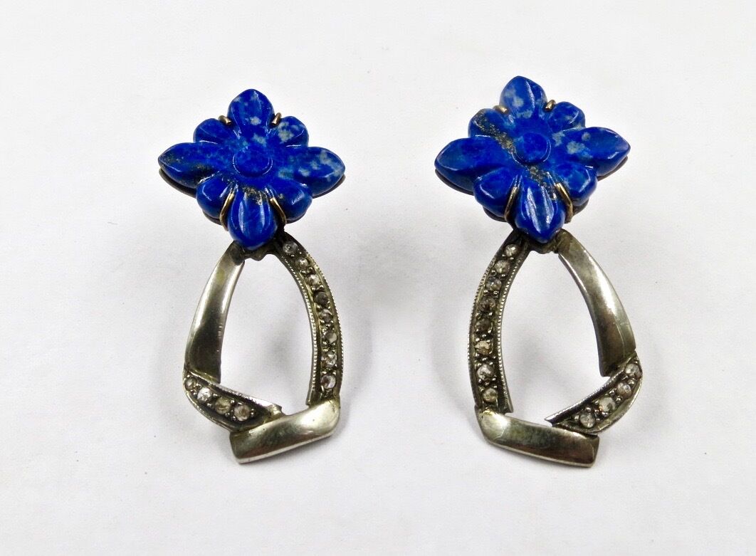 Natural Lapis Lazuli Carved Flower Diamond 18K Gold Silver Victorian Earring