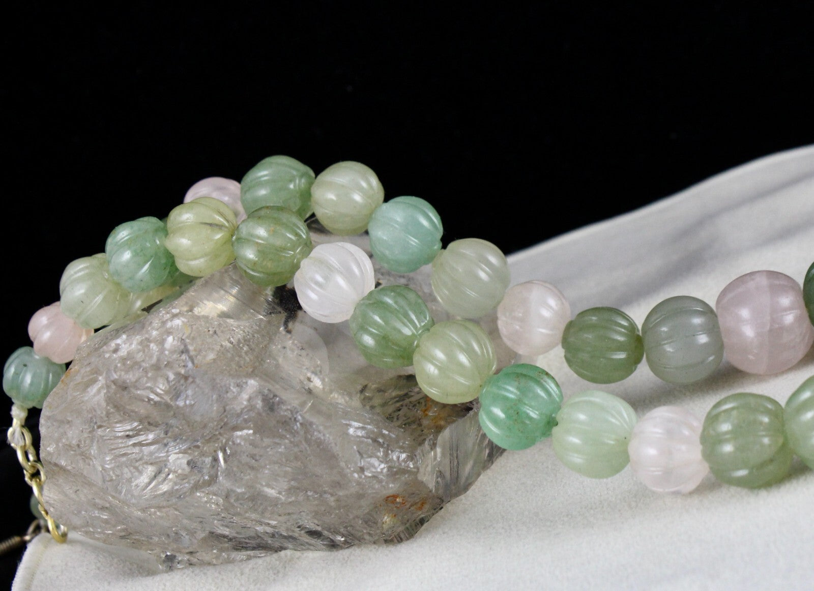 Natural Aventurine Jade Rose Quartz 854 Ct Silver Carved Bead Necklace