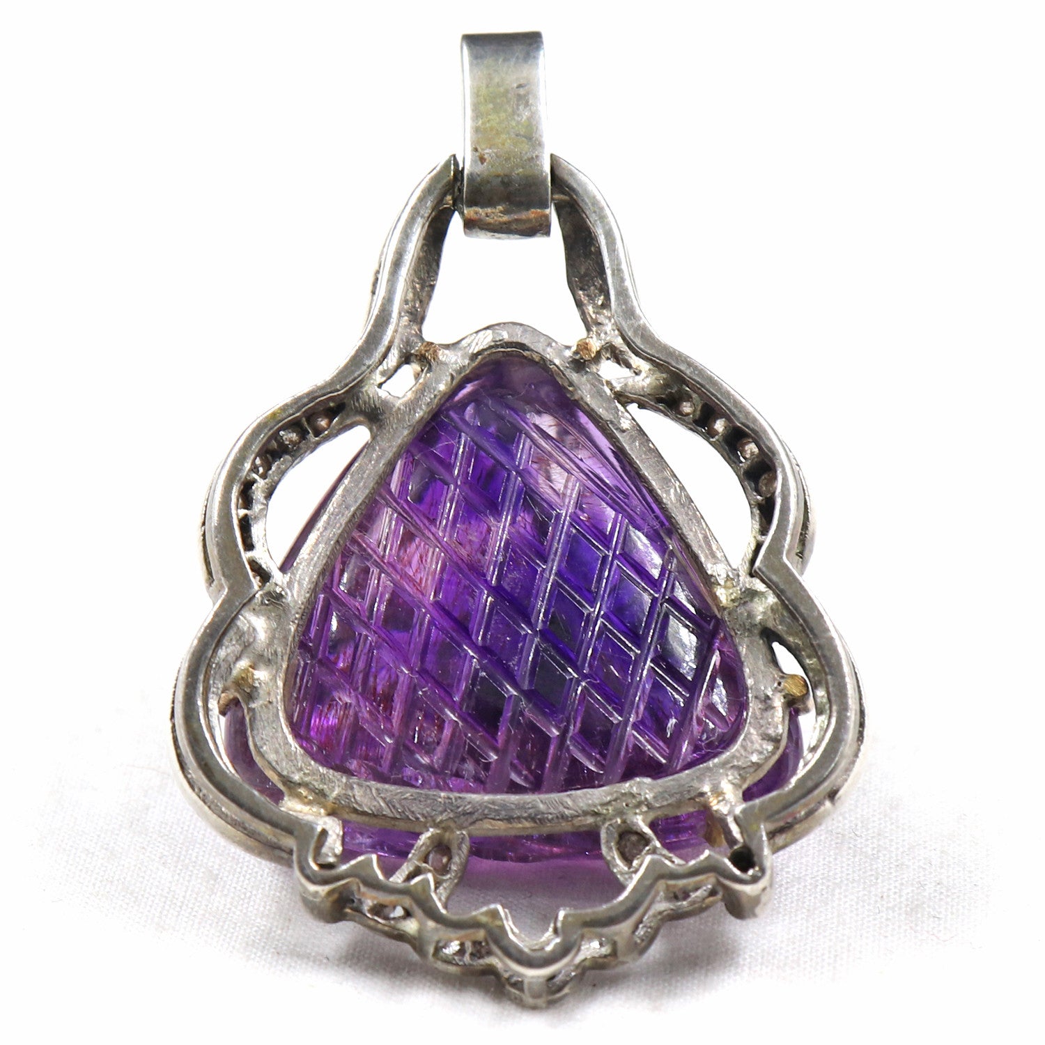Antique Natural Amethyst 10ct Carved Diamond Victorian Pendant Sterling Silver