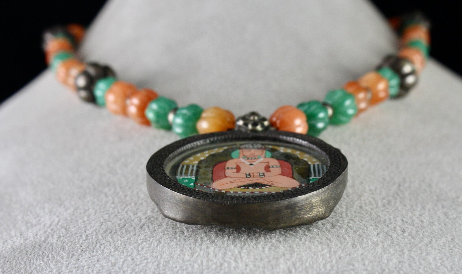 Sterling Silver Old Budha Painting Pendant Green Orange Quartz 410ct Necklace