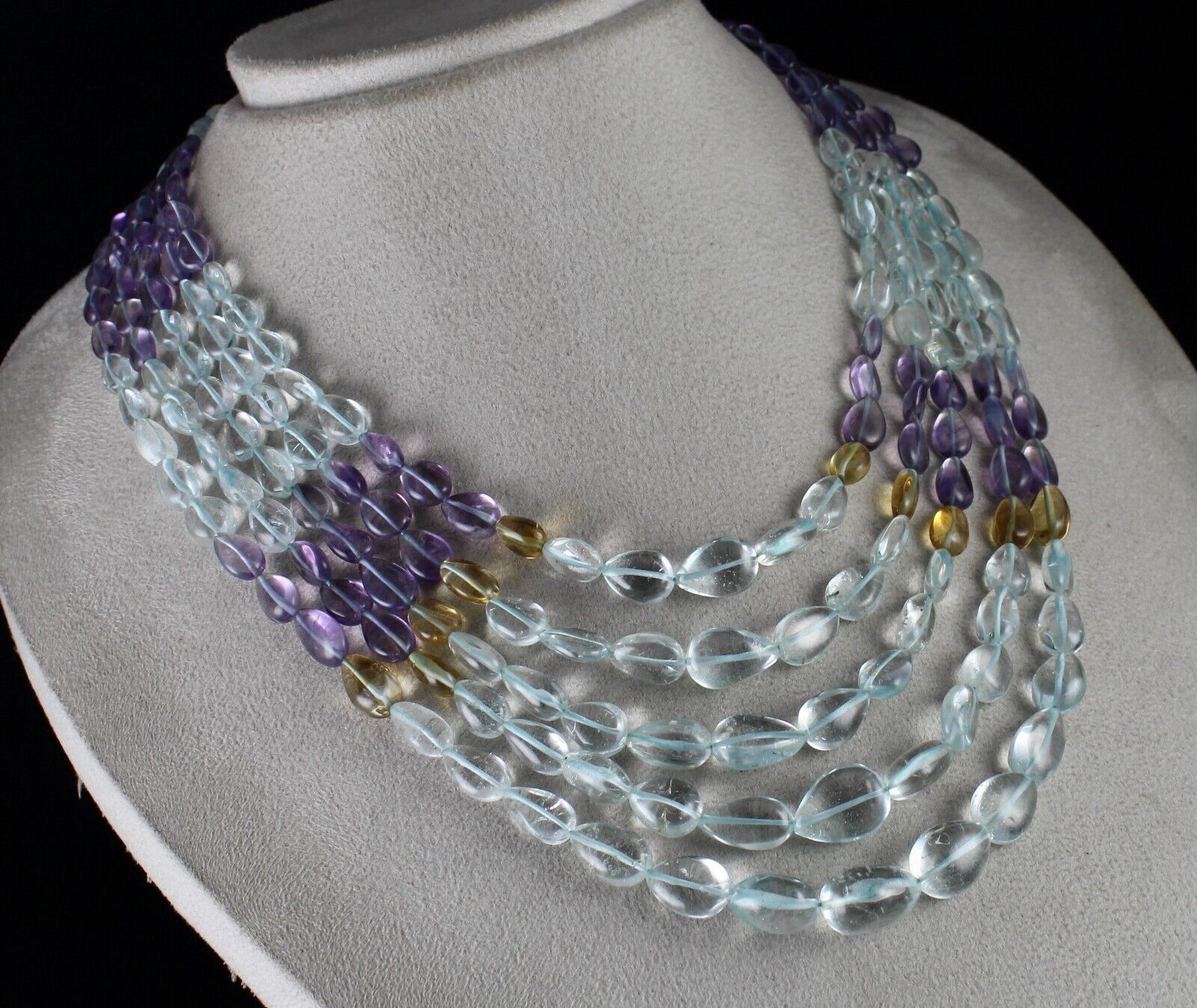 NATURAL BLUE TOPAZ AMETHYST CITRINE DROPS 5 L 835 CT STONE BEADED FINE NECKLACE