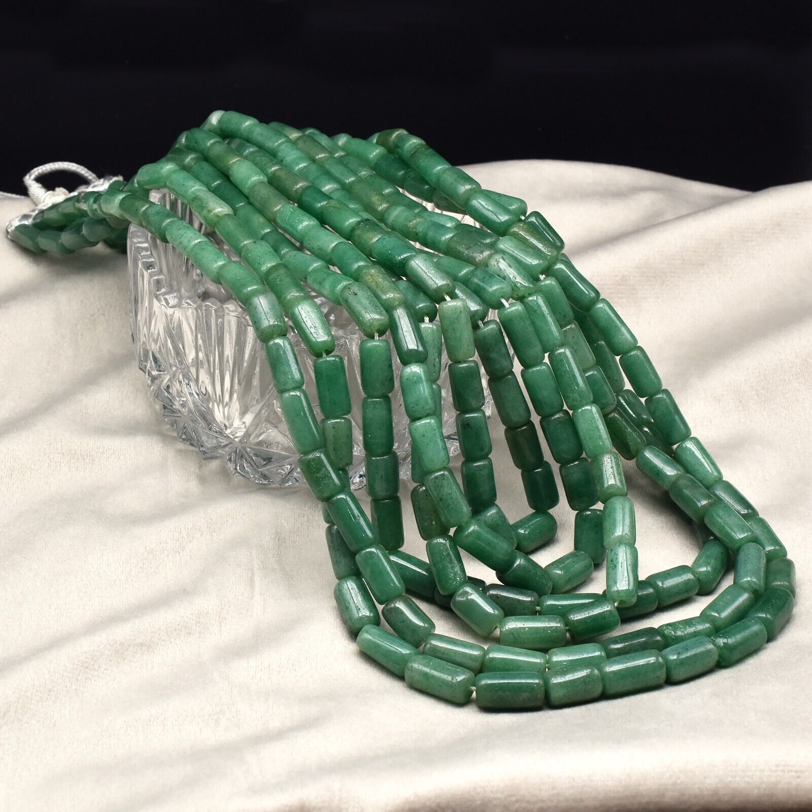 Natural Green Quartz Aventurine Tube beads Necklace 6 L 1774 Ct Vintage Gemstone