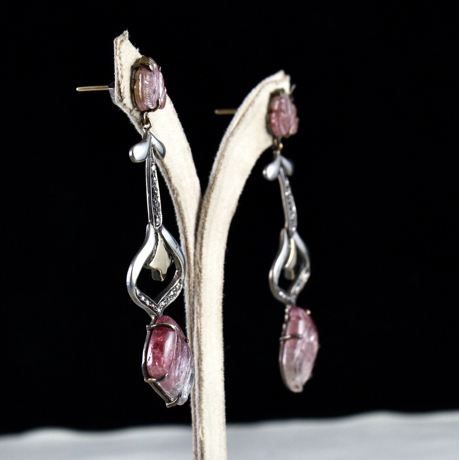 Natural Multi Tourmaline Carved Diamond 18K Gold Silver Victorian Fine Earring