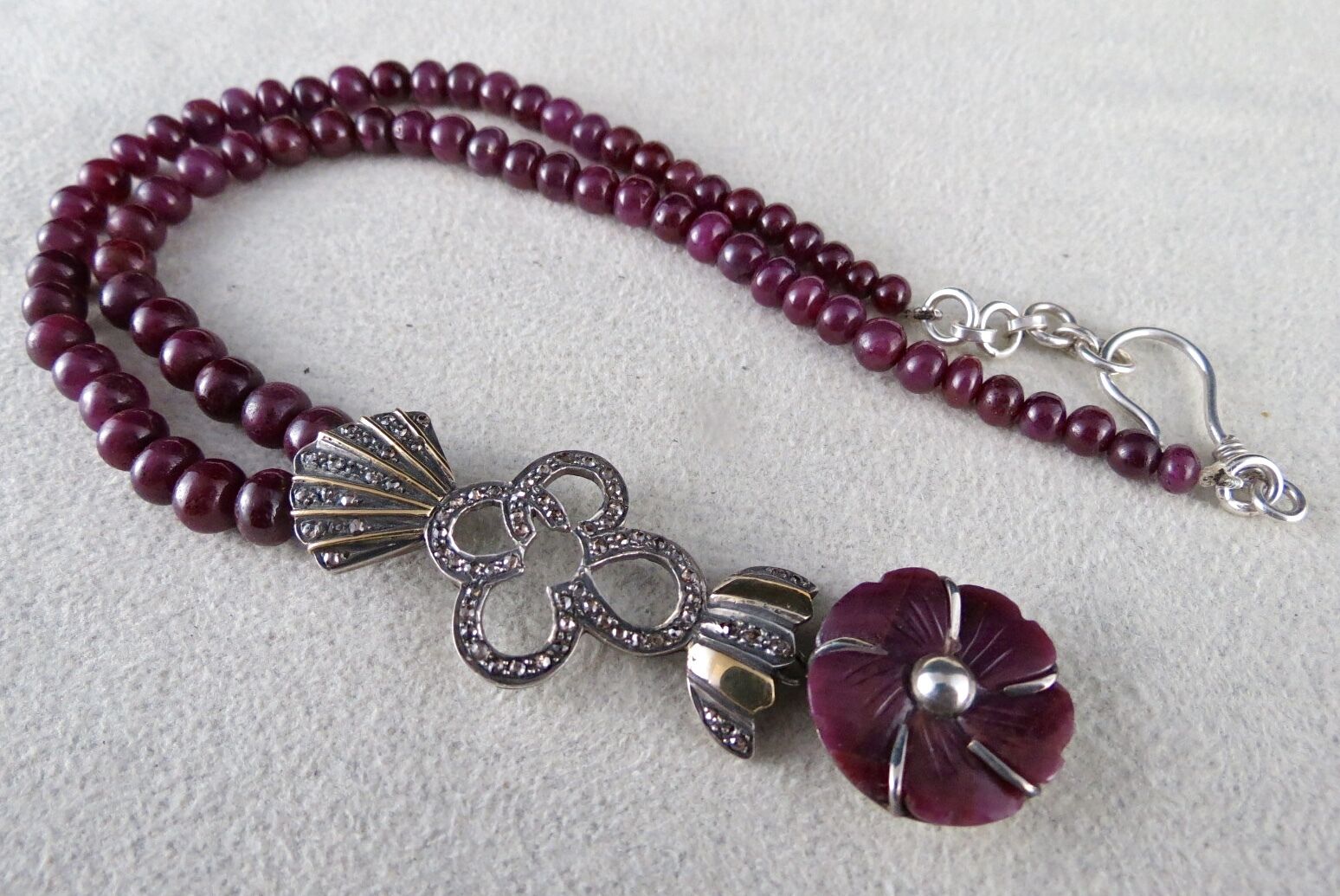 Vintage Natural Ruby Carved Diamond Gold Silver Victorian Pendant Earring Set