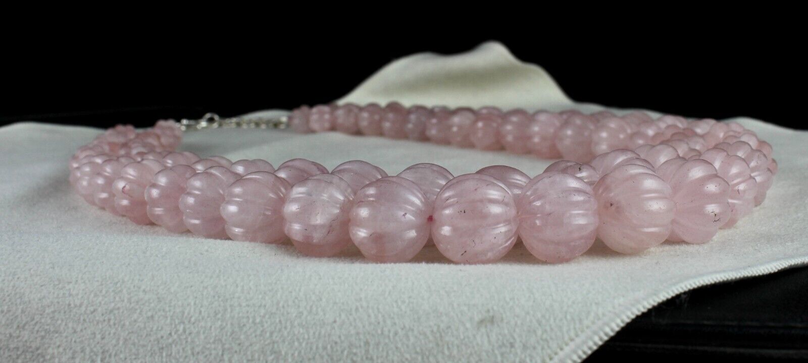 Vintage Natural Rose Quartz Melon Carved Beads 1436 Ct Gemstone Silver Necklace