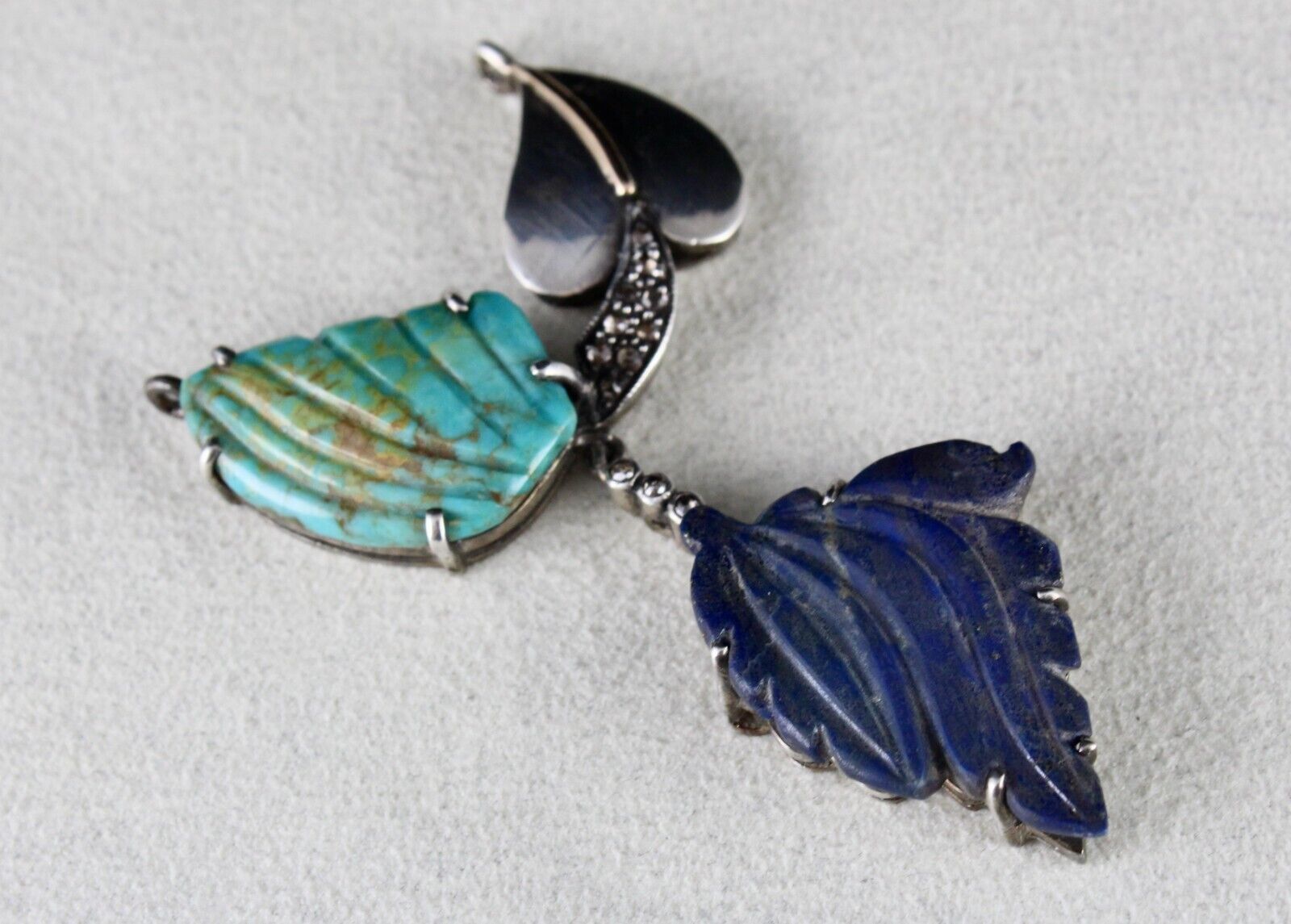 TURQUOISE LAPIS LAZULI CARVED LEAF DIAMOND VICTORIAN 925 SILVER & GOLD PENDANT