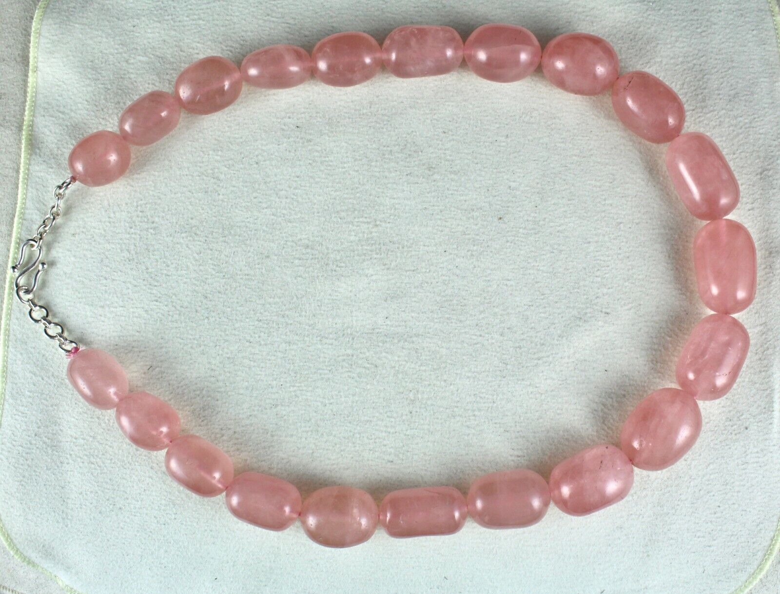 NATURAL ROSE QUARTZ BEADS LONG CABOCHON 1099 CARATS GEMSTONE SILVER NECKLACE