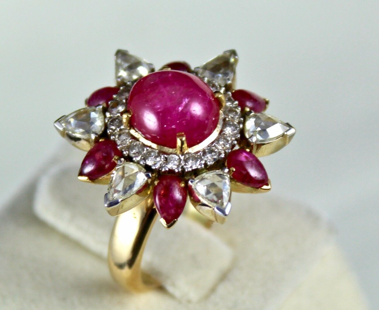 Natural Ruby Cabochon Rose Cut Diamond 18K Yellow Gold Unique Cocktail Ring