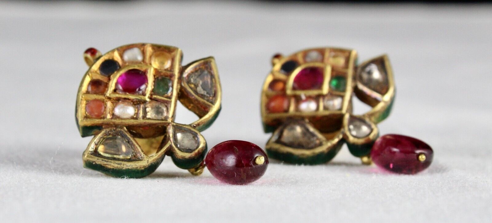 Fine Diamond Cut Navratan Stone 22k Yellow Gold Jadau Indian Style Stud Earring