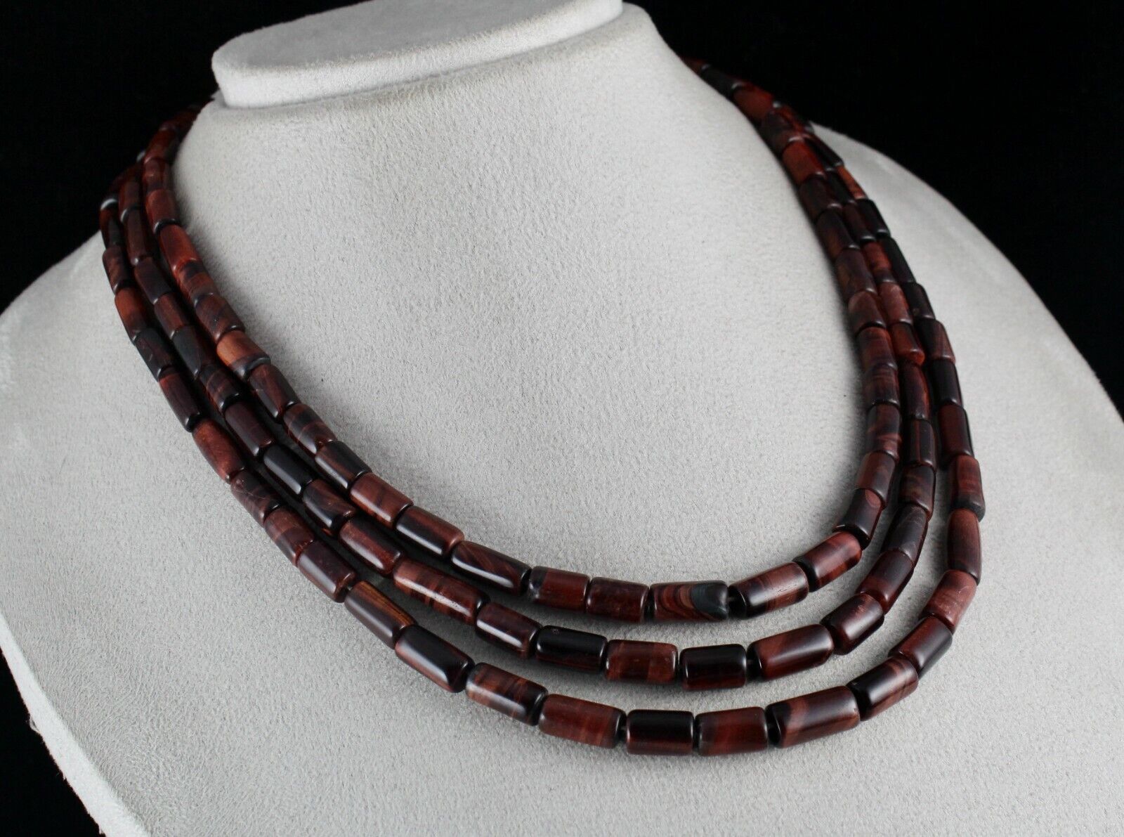 NATURAL RED TIGER EYE BEADS FANCY LONG 3 LINE 545 CTS GEMSTONE LADIES NECKLACE