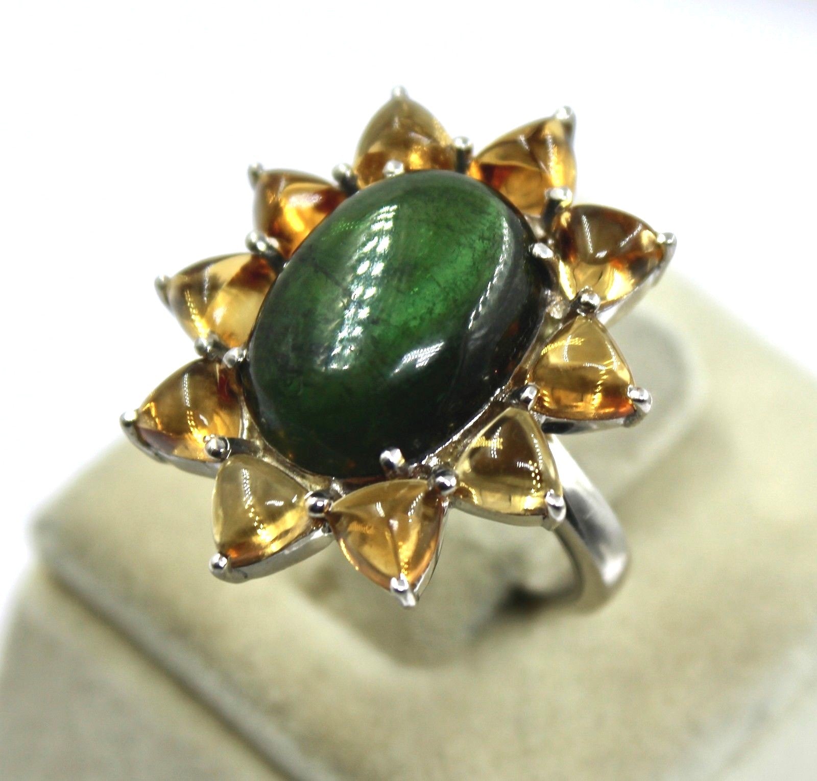 Natural Green Tourmaline 44ct Yellow Citrine 925 Sterling Silver Ring