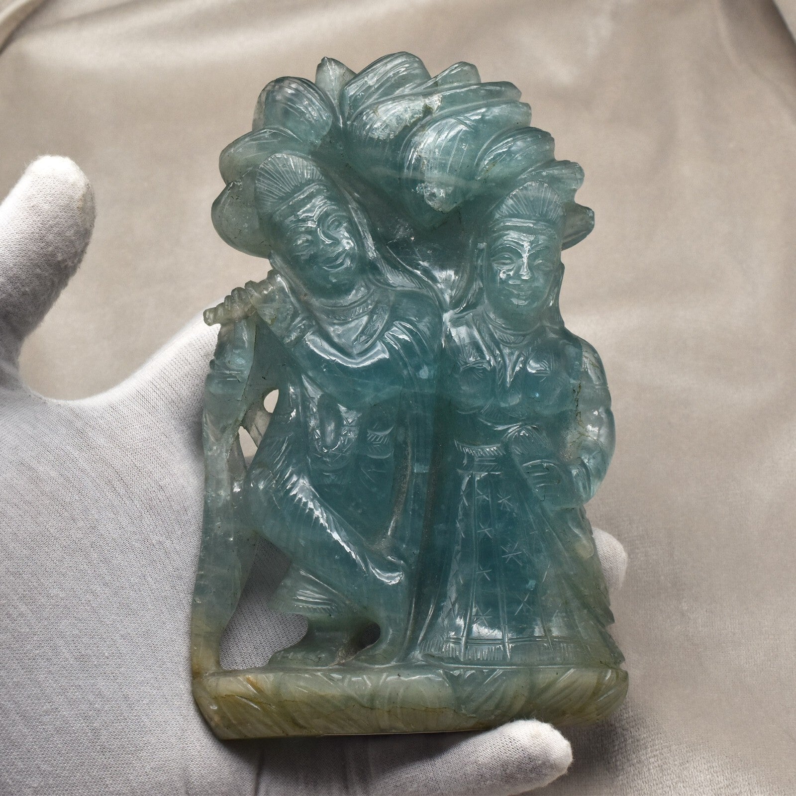 Certified Natural Aquamarine 2688 Ct Carved Lord Radhe Krishna Decor