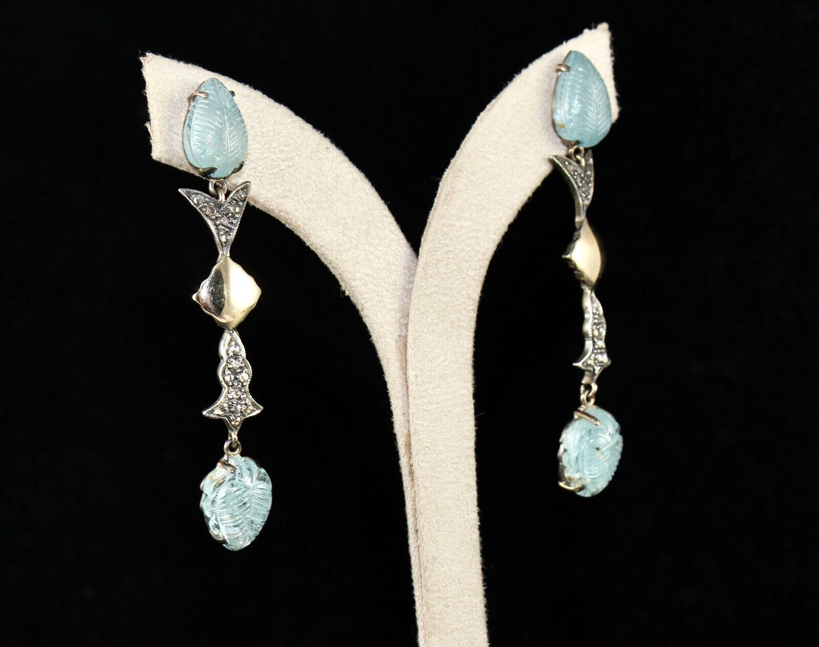 NATURAL BLUE AQUAMARINE CARVED DIAMOND 18K GOLD 925 SILVER VICTORIAN EARRING